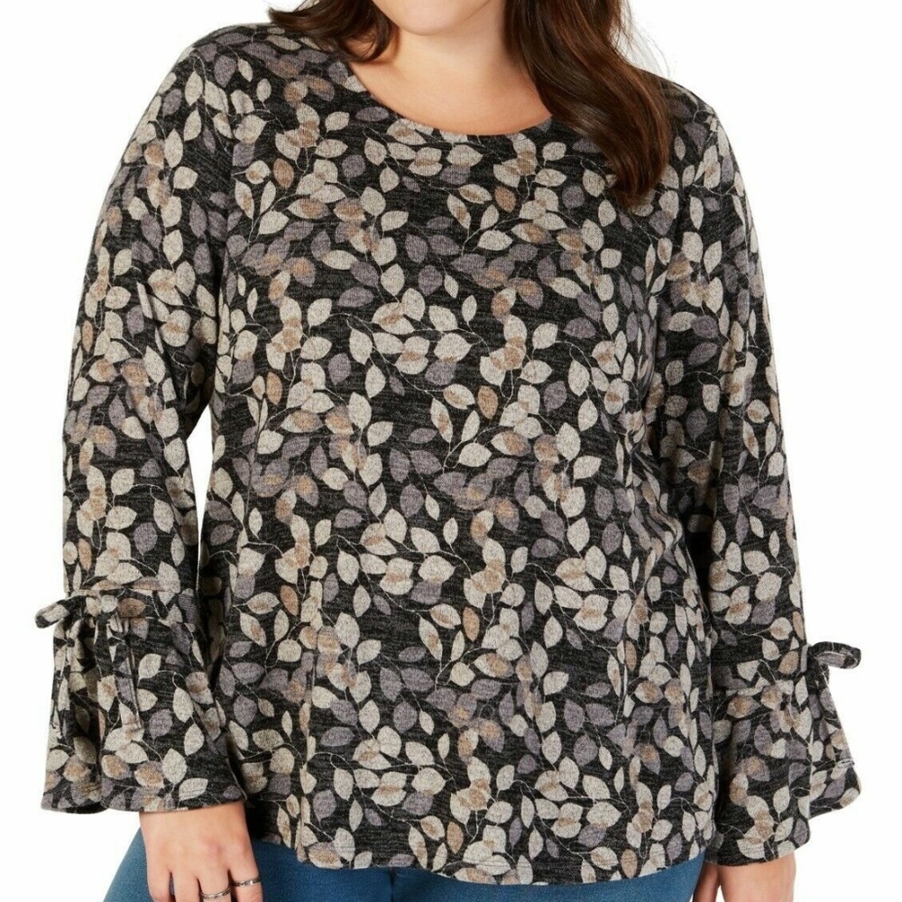 Style&Co Women's Leaf Print Lantern Sleeve Scoop Neck Top, Black Plus Size 0X